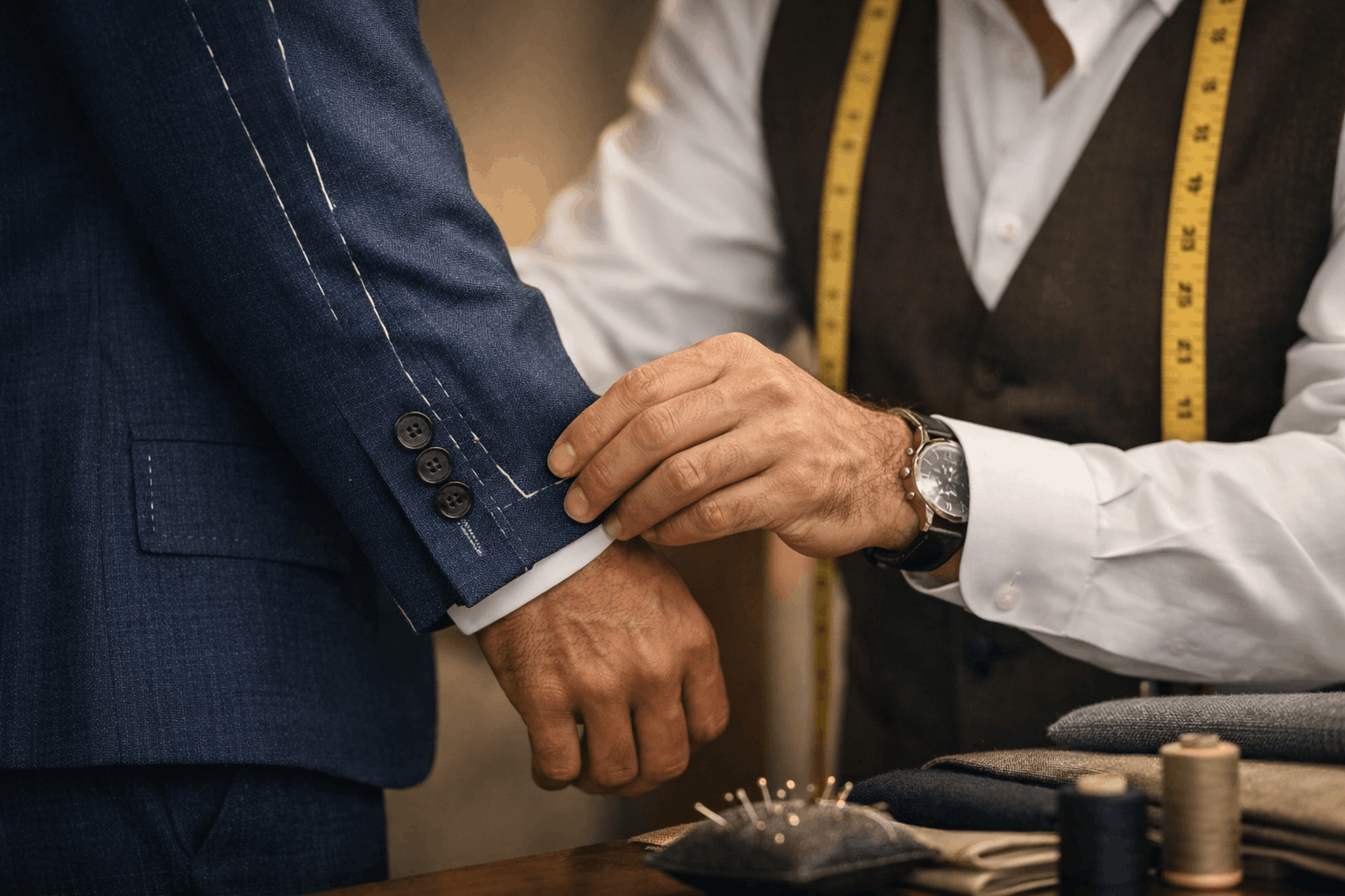 bespoke tailor working on suit Dubai luxury craftsmanship